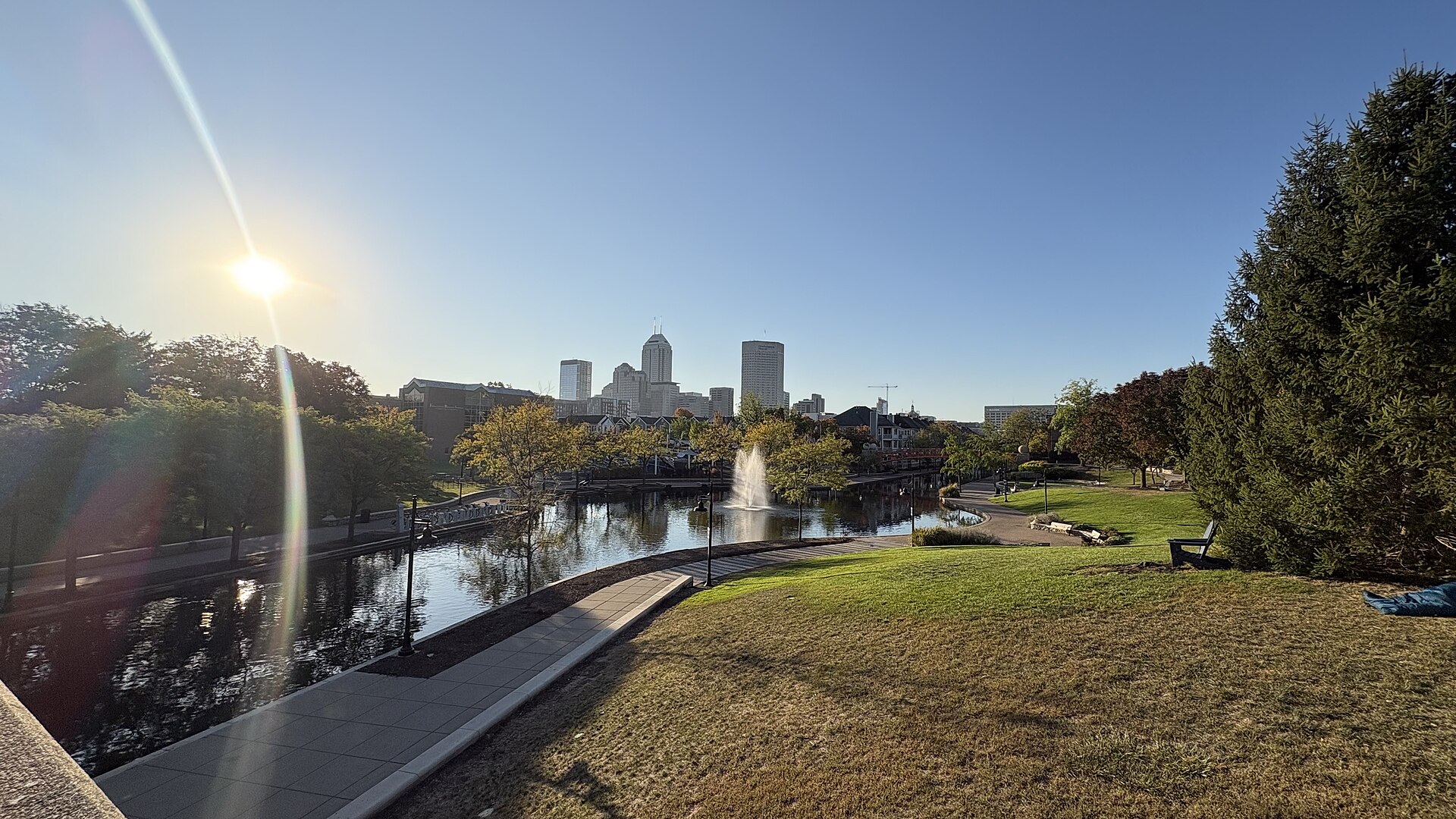 Indianapolis skyline beyond the Canal Walk on an October morning