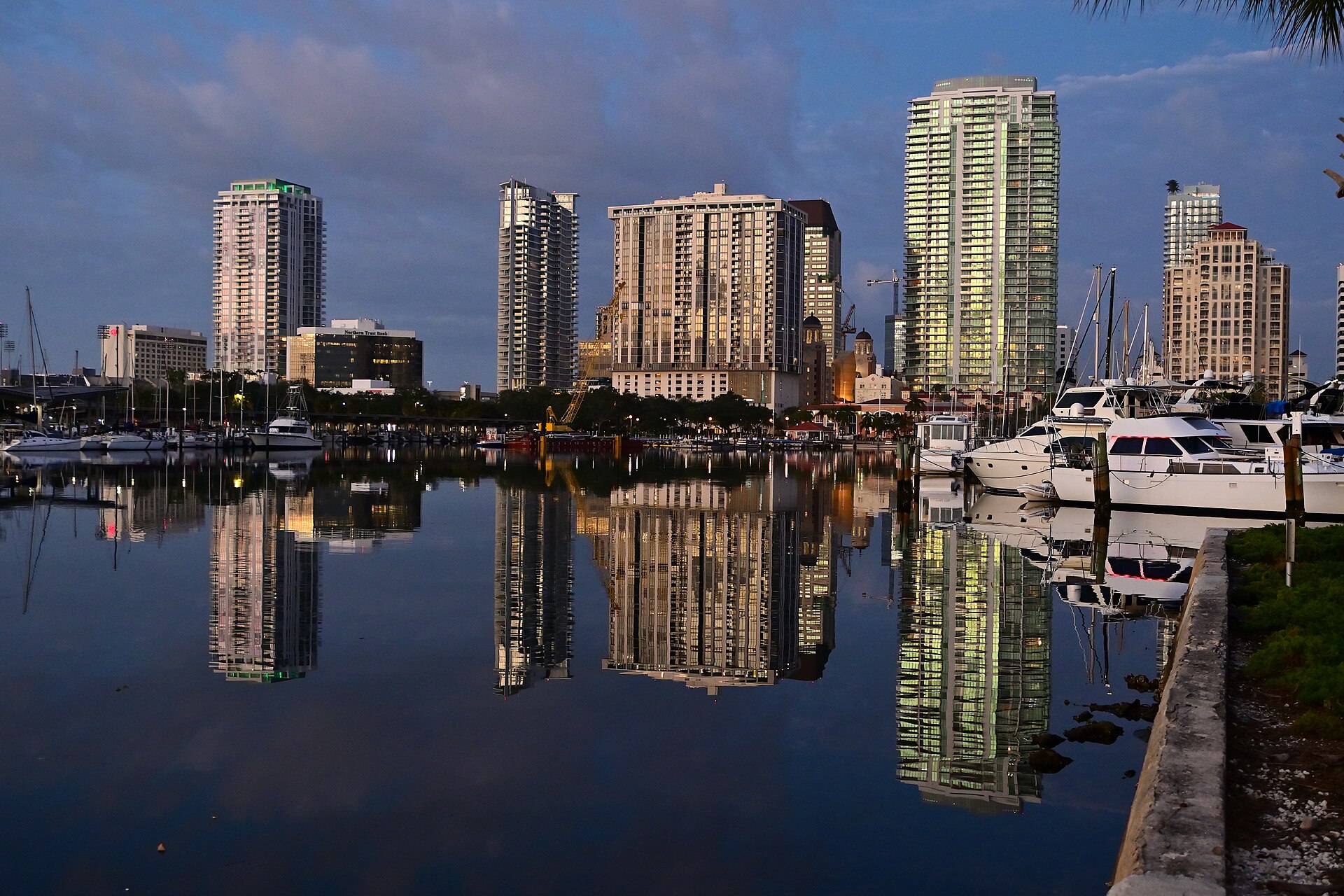 St. Petersburg, Florida skyline reflected in the marina just before sunrise