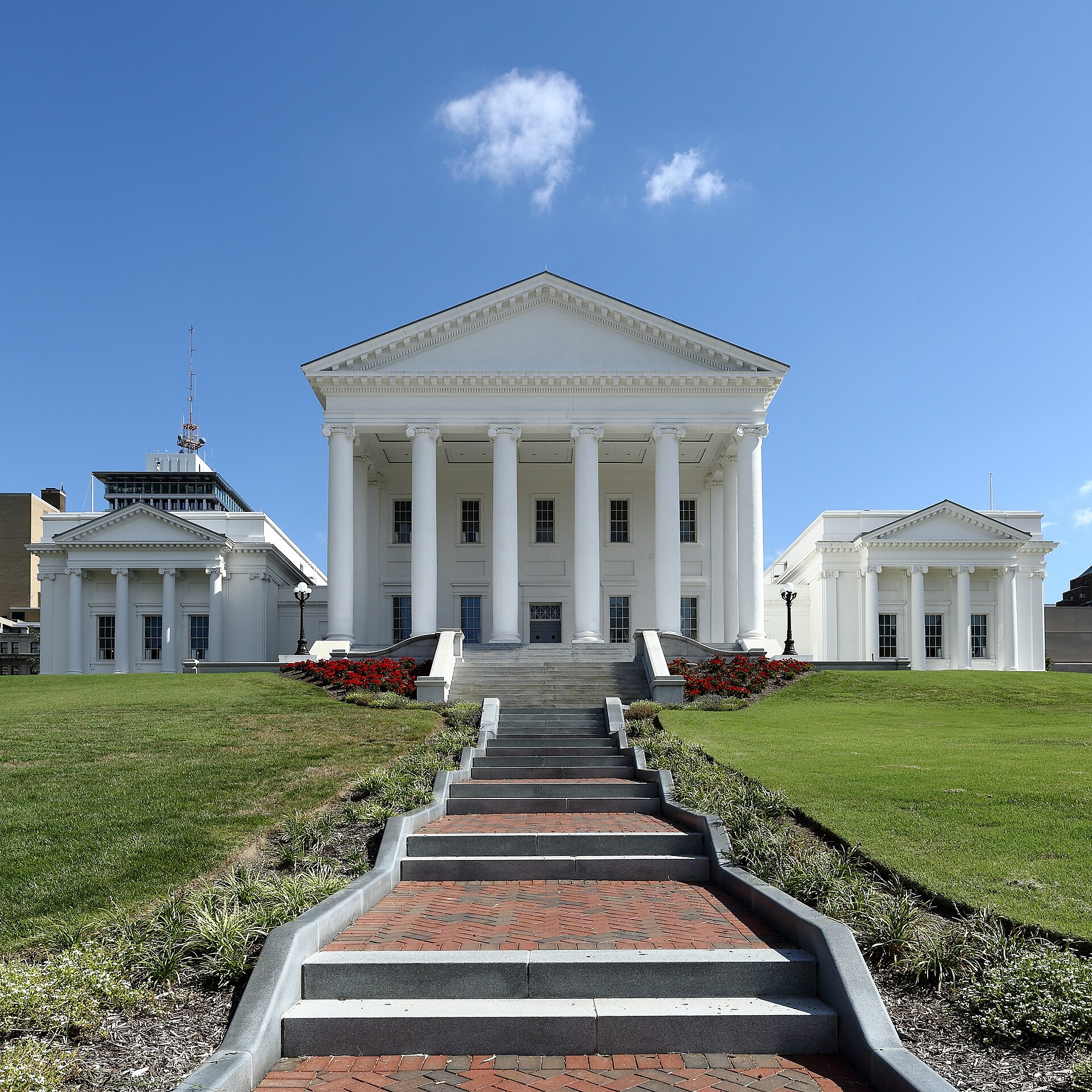 The Virginia State Capitol in Richmond seen up its brick front walk