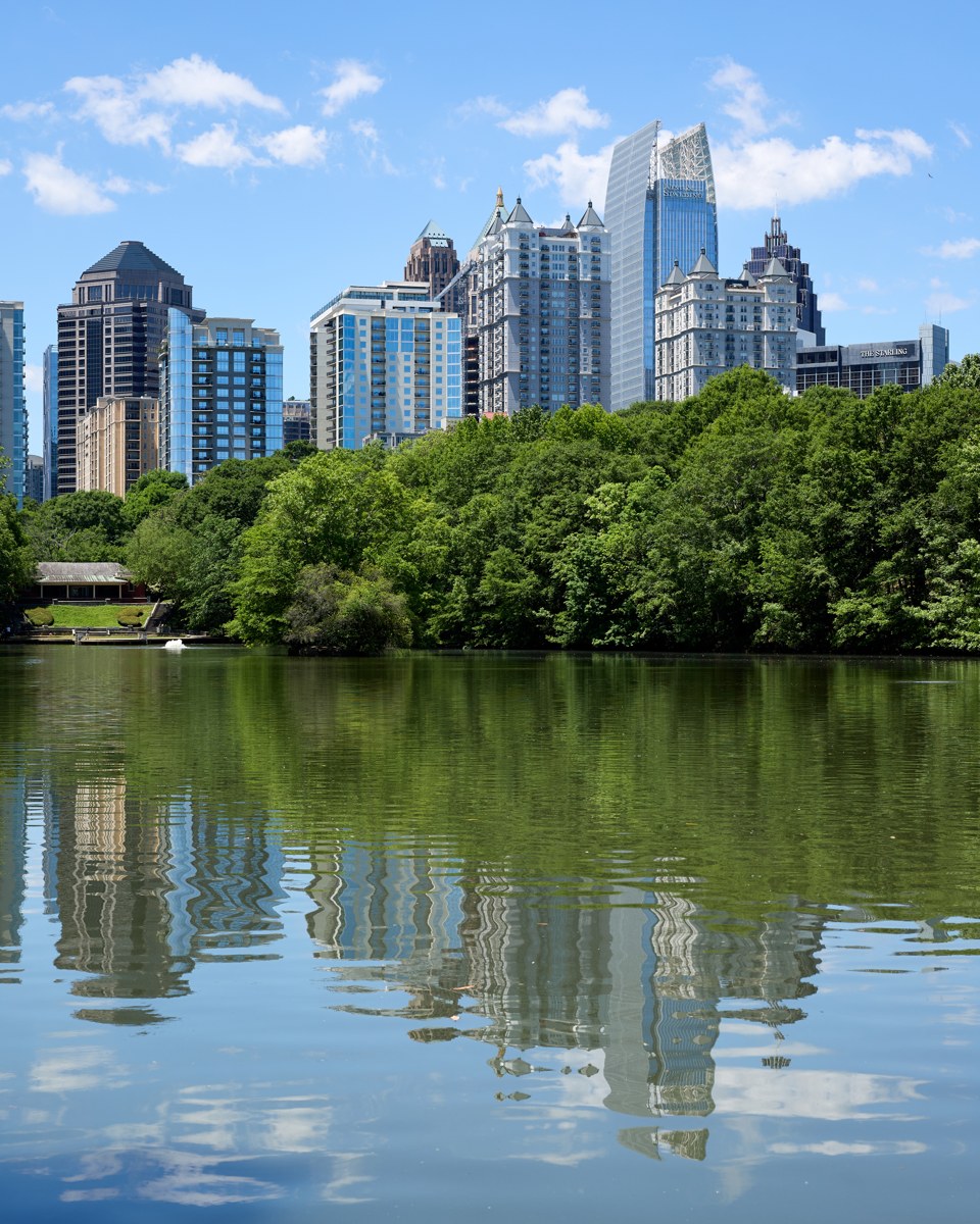 Piedmont Park's Lake Clara Meer in Atlanta, Georgia, with the Midtown skyline in the background on May 1, 2024