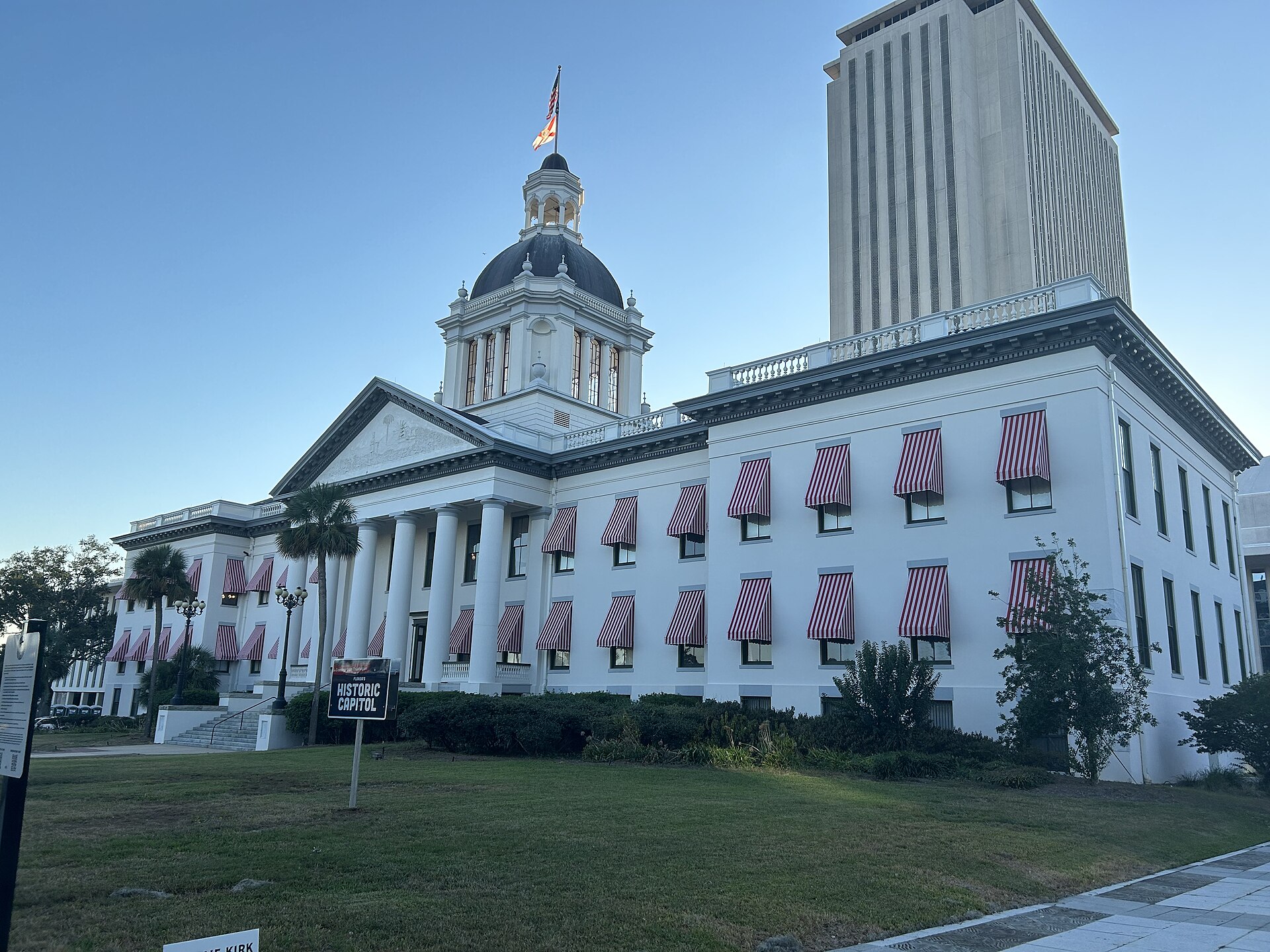 The Old Florida State Capitol in Tallahassee with the modern capitol tower behind it