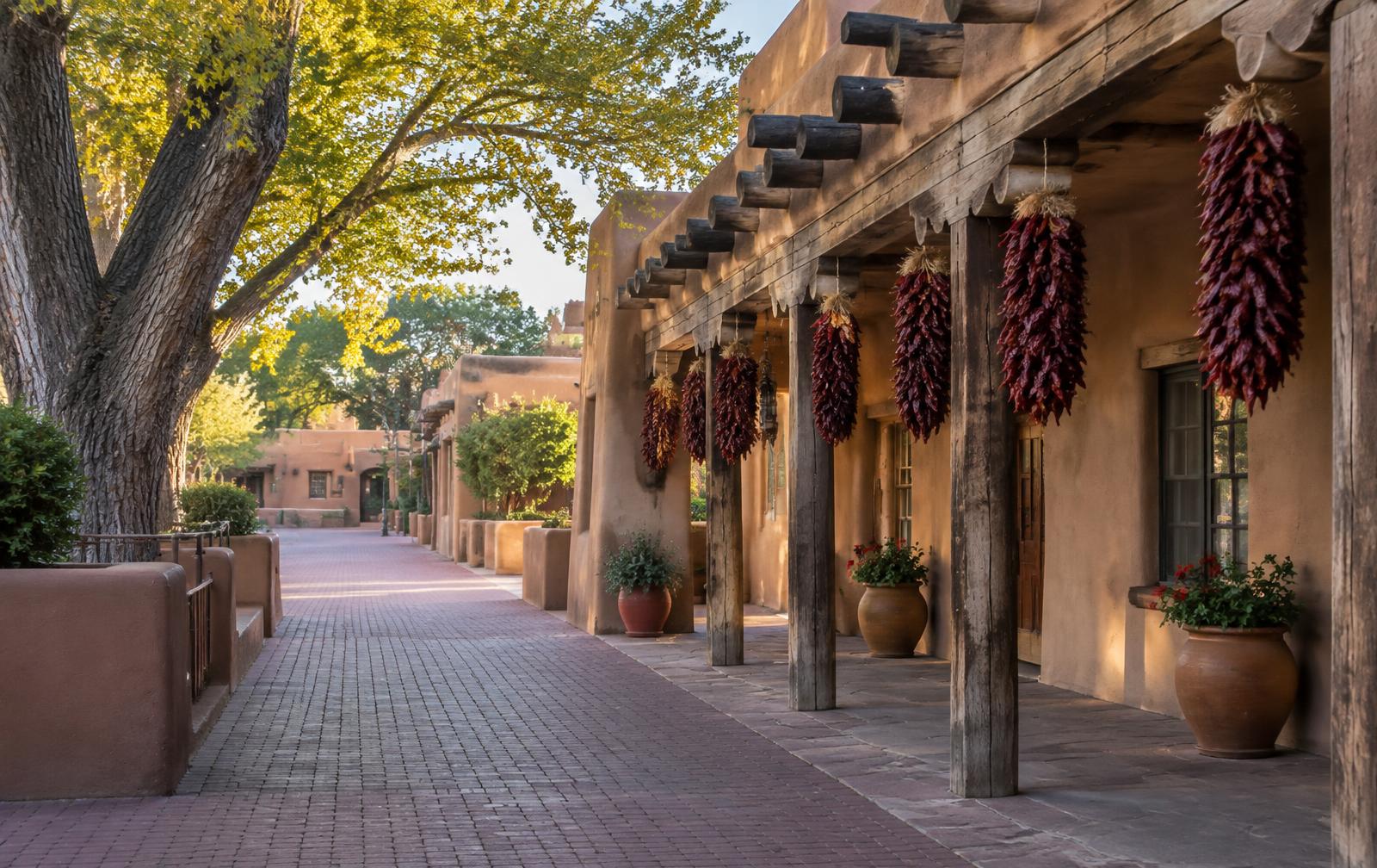 Old Town Albuquerque, New Mexico adobe plaza with wooden vigas and hanging red chile ristras in morning light