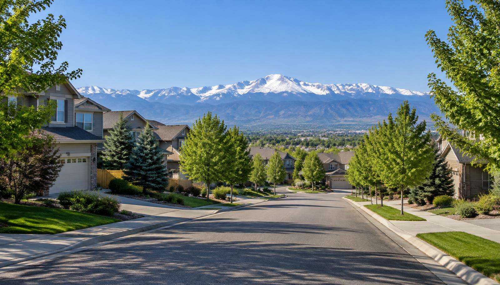 Tree-lined residential neighborhood in Aurora, Colorado with the snow-capped Front Range on the horizon
