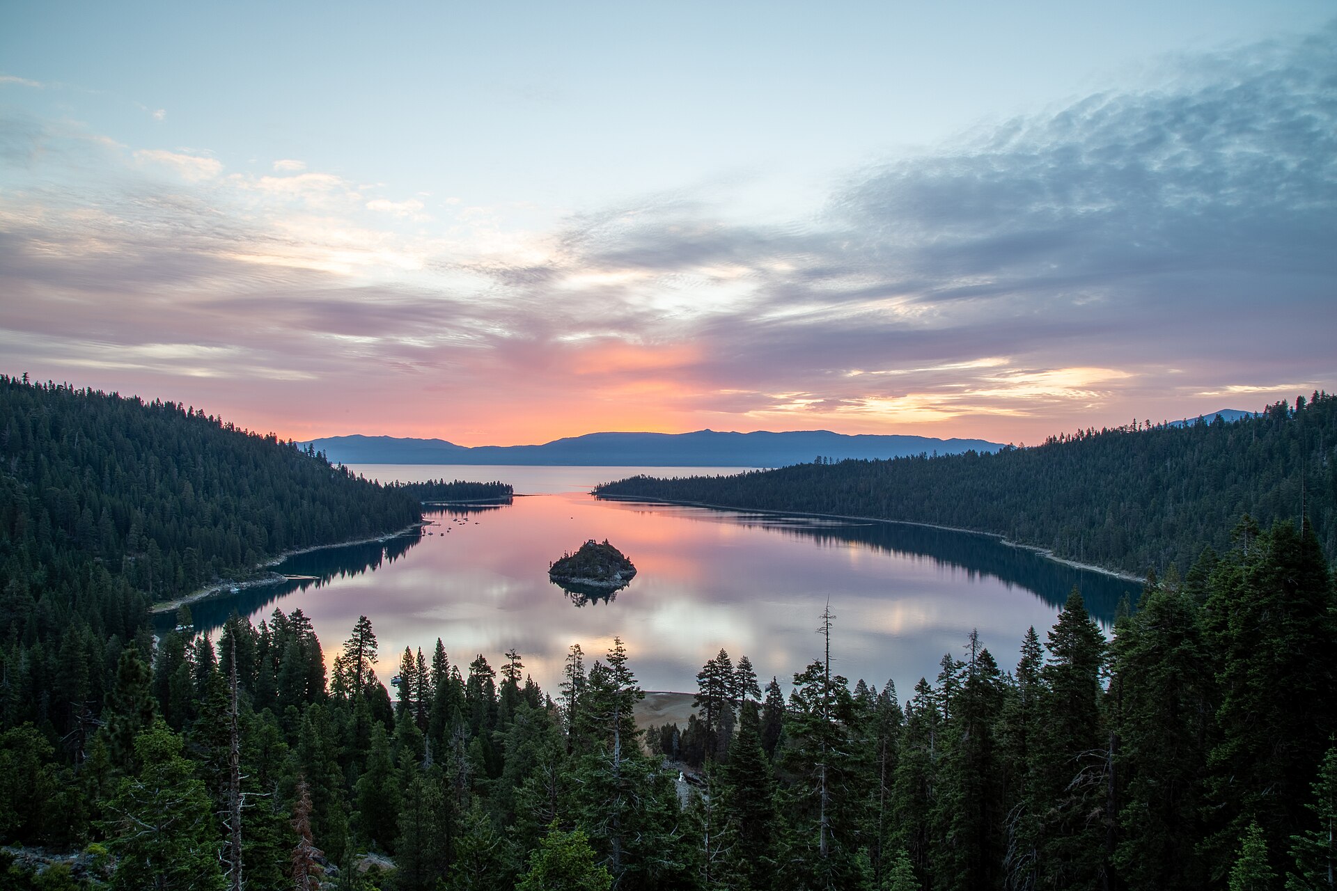Emerald Bay on Lake Tahoe under clear blue skies in California's Sierra Nevada