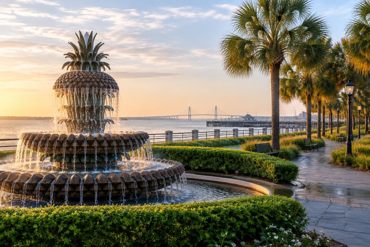Pineapple Fountain and palmetto-lined path at Waterfront Park in Charleston, South Carolina with the Ravenel Bridge in the distance