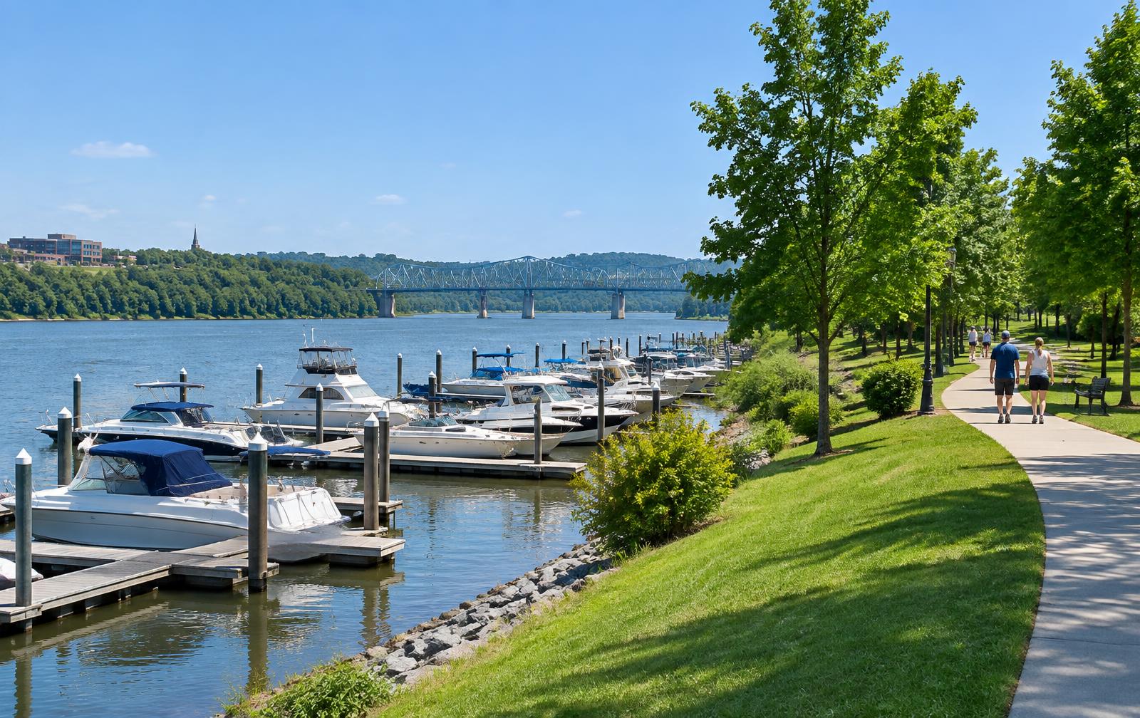 Liberty Park marina and riverside walking path on the Cumberland River in Clarksville, Tennessee