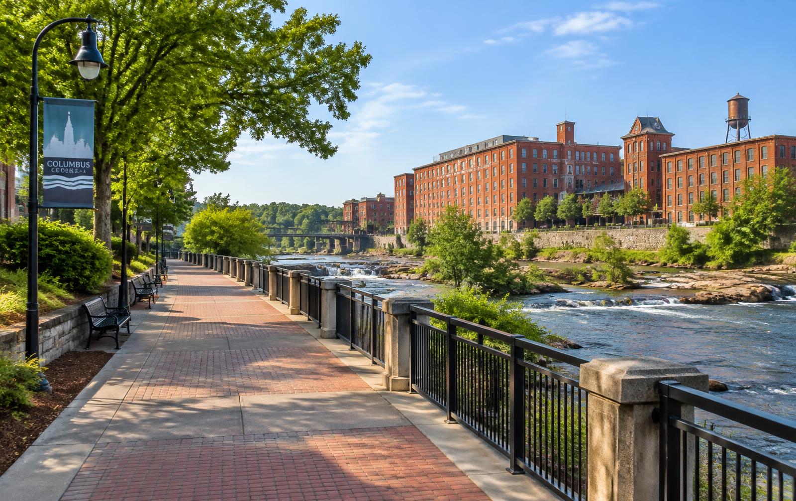 Chattahoochee Riverwalk path and historic red brick mills in Columbus, Georgia on a bright morning