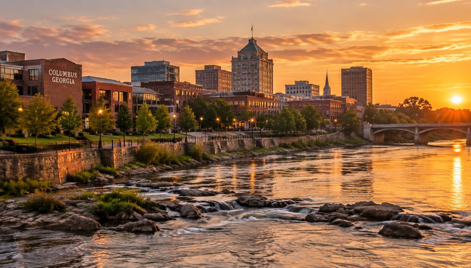 Columbus, Georgia downtown skyline across the Chattahoochee River at sunset - VA nexus letters for local veterans