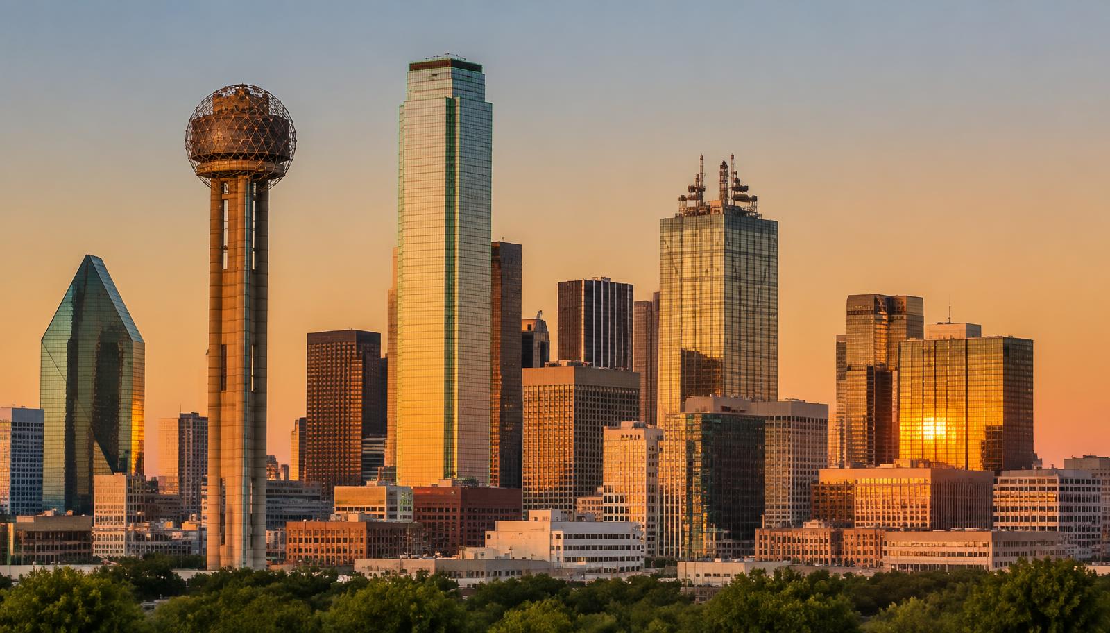 Dallas, Texas downtown skyline with Reunion Tower at golden hour - VA nexus letters for local veterans