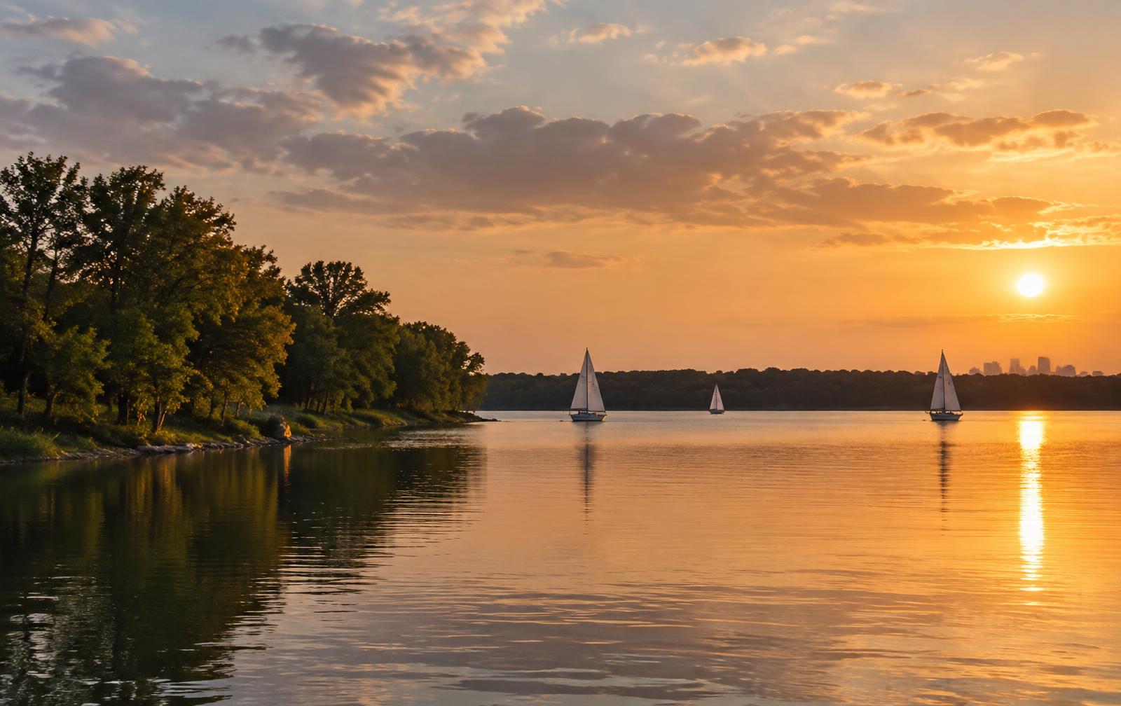 Sailboats on White Rock Lake in Dallas, Texas at golden hour with the skyline on the horizon