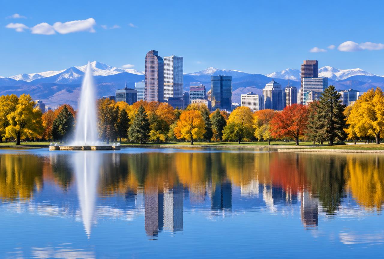 City Park lake and fountain in Denver, Colorado with the downtown skyline and Rocky Mountains behind it