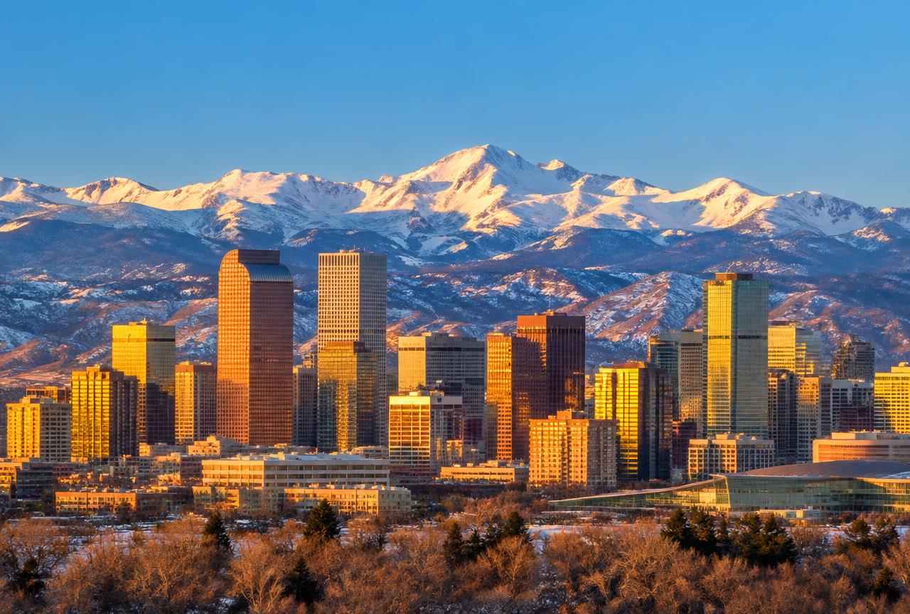 Denver, Colorado skyline with the snow-capped Rocky Mountains - VA nexus letters for local veterans