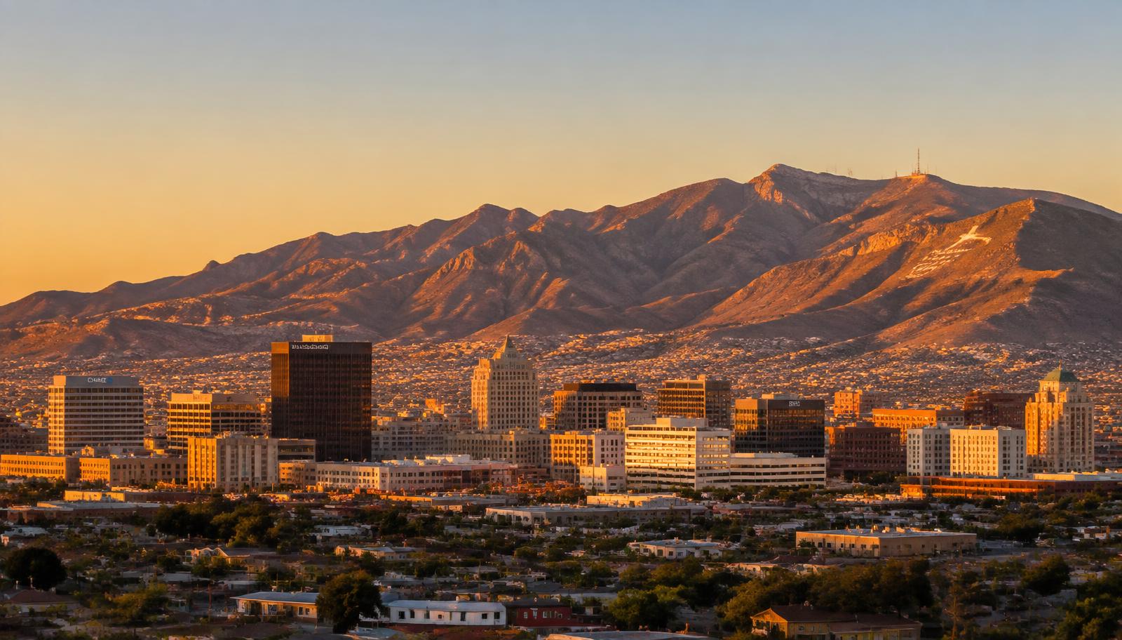 El Paso, Texas downtown skyline with the Franklin Mountains at golden hour - VA nexus letters for local veterans