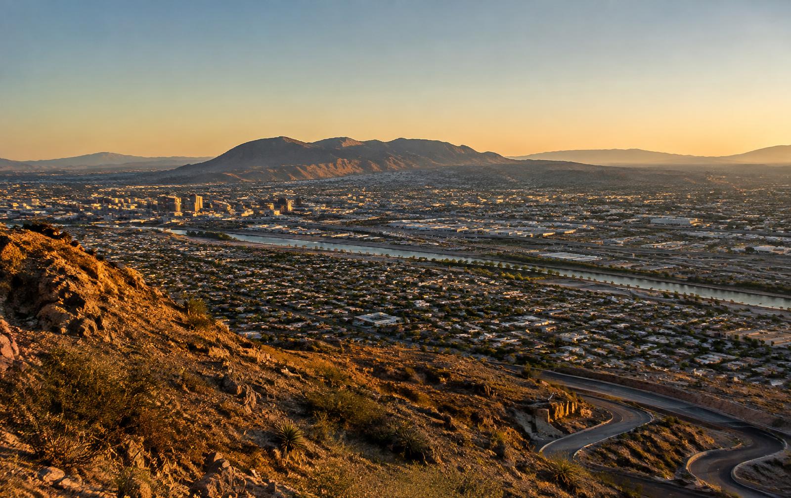 Scenic Drive overlook view over El Paso, Texas and the Rio Grande valley in late afternoon light