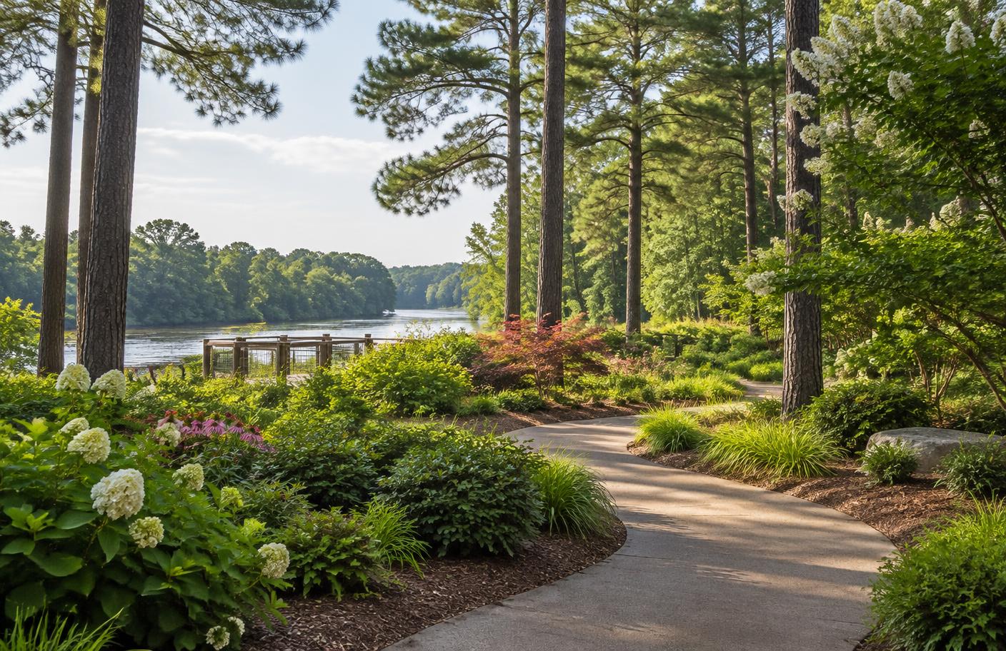 Cape Fear River gardens and pine-lined walking path in Fayetteville, North Carolina