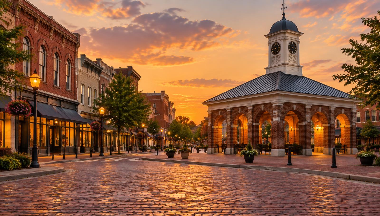 Downtown Fayetteville, North Carolina and the historic Market House at sunset - VA nexus letters for local veterans