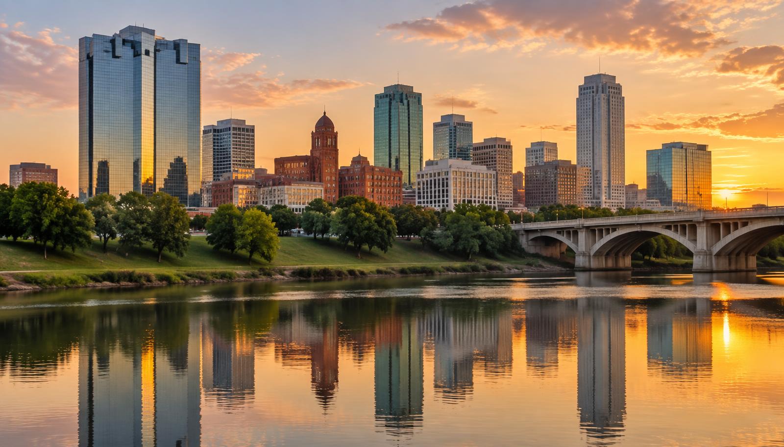 Fort Worth, Texas downtown skyline across the Trinity River at sunset - VA nexus letters for local veterans