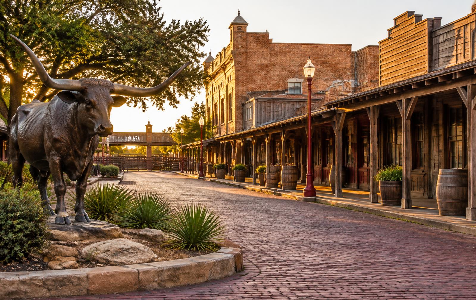 Longhorn statue and historic western storefronts on the brick street of the Fort Worth Stockyards in Fort Worth, Texas
