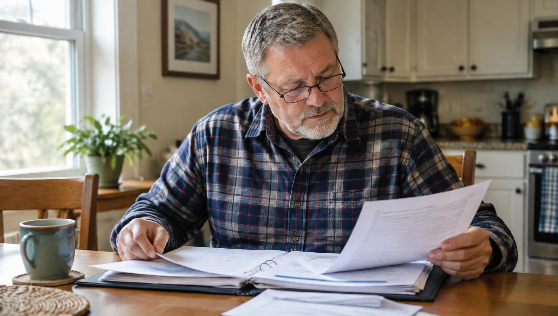 Veteran in civilian clothing reviewing medical records at home - VA nexus letter services for veterans in Dover, DE