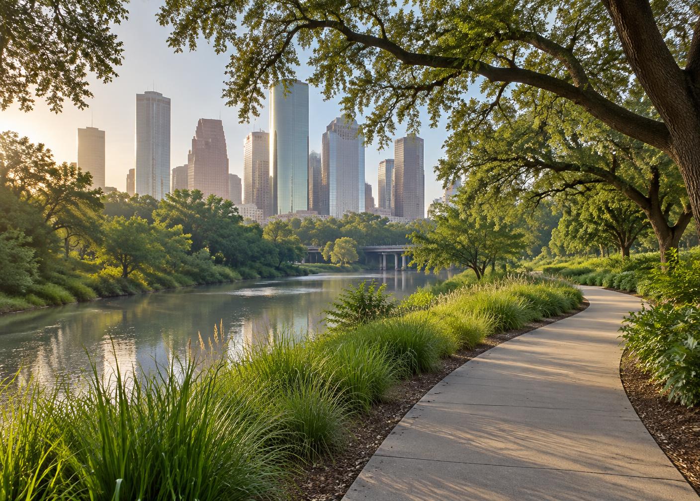 Buffalo Bayou Park walking trail in Houston, Texas with the downtown skyline in the distance