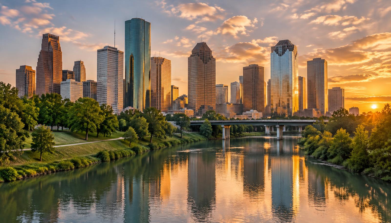 Houston, Texas downtown skyline above Buffalo Bayou at sunset - VA nexus letters for local veterans