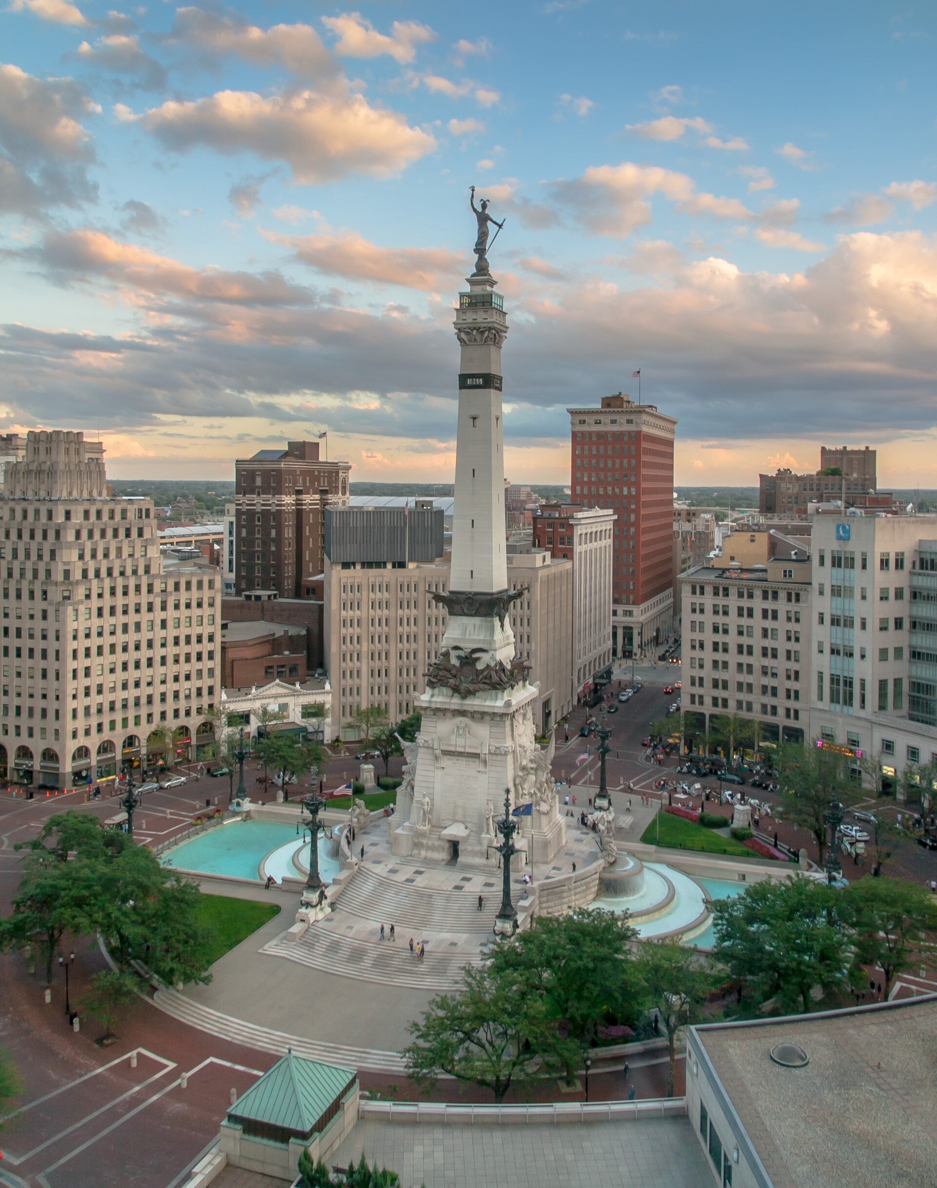 The Soldiers' and Sailors' Monument towering over Monument Circle in downtown Indianapolis