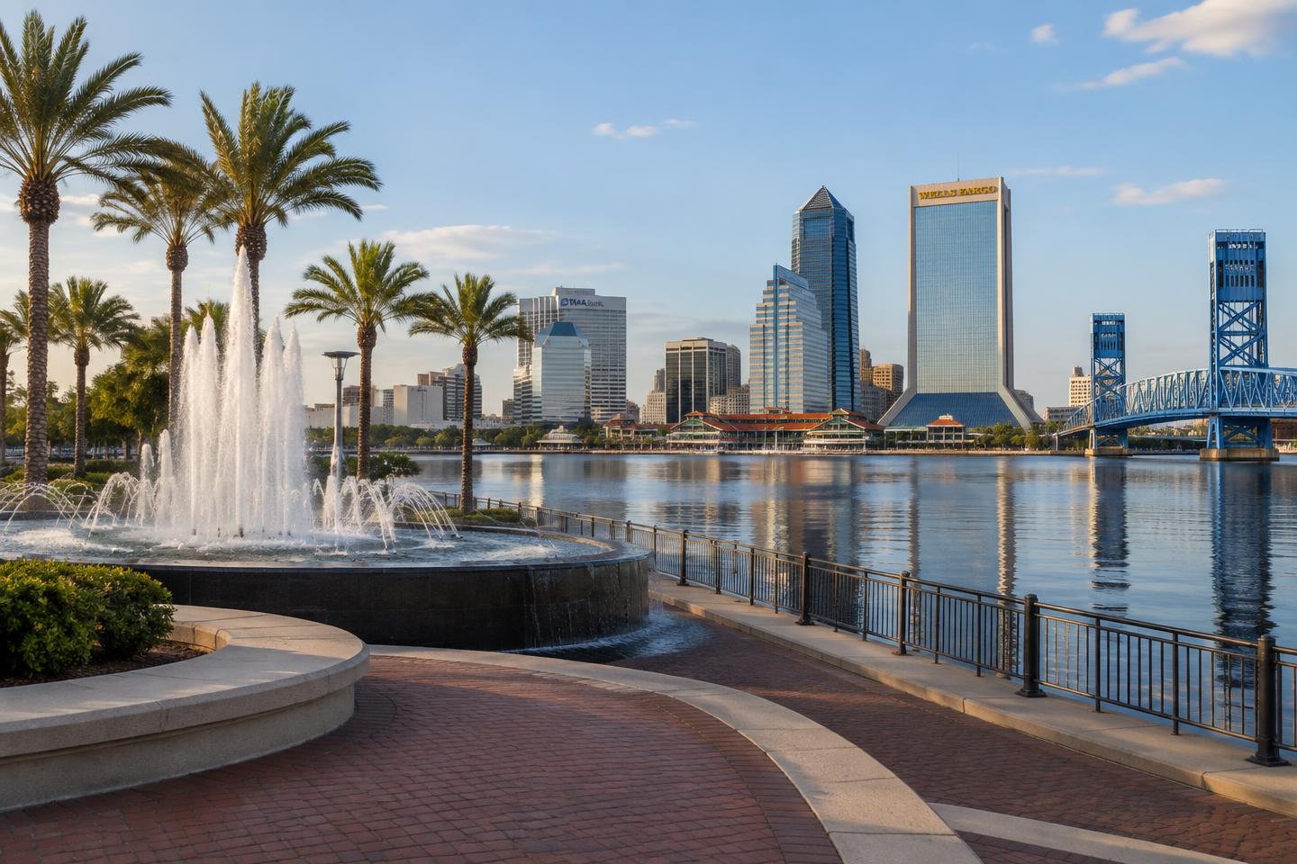 Southbank Riverwalk and Friendship Fountain in Jacksonville, Florida with the downtown skyline across the St. Johns River