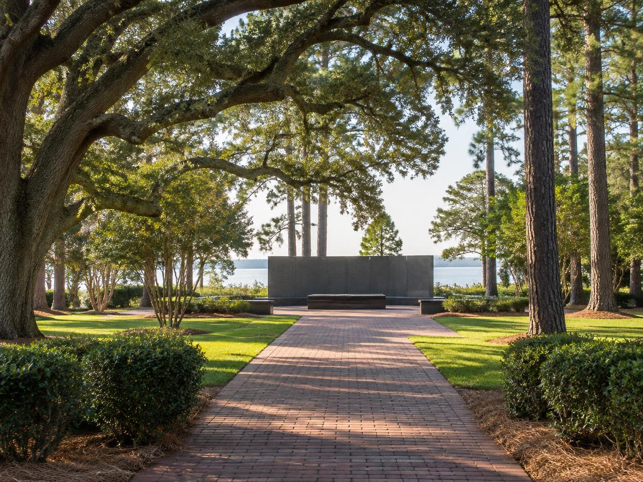 Oak-shaded brick walkway leading to a memorial wall beside the New River in Jacksonville, North Carolina