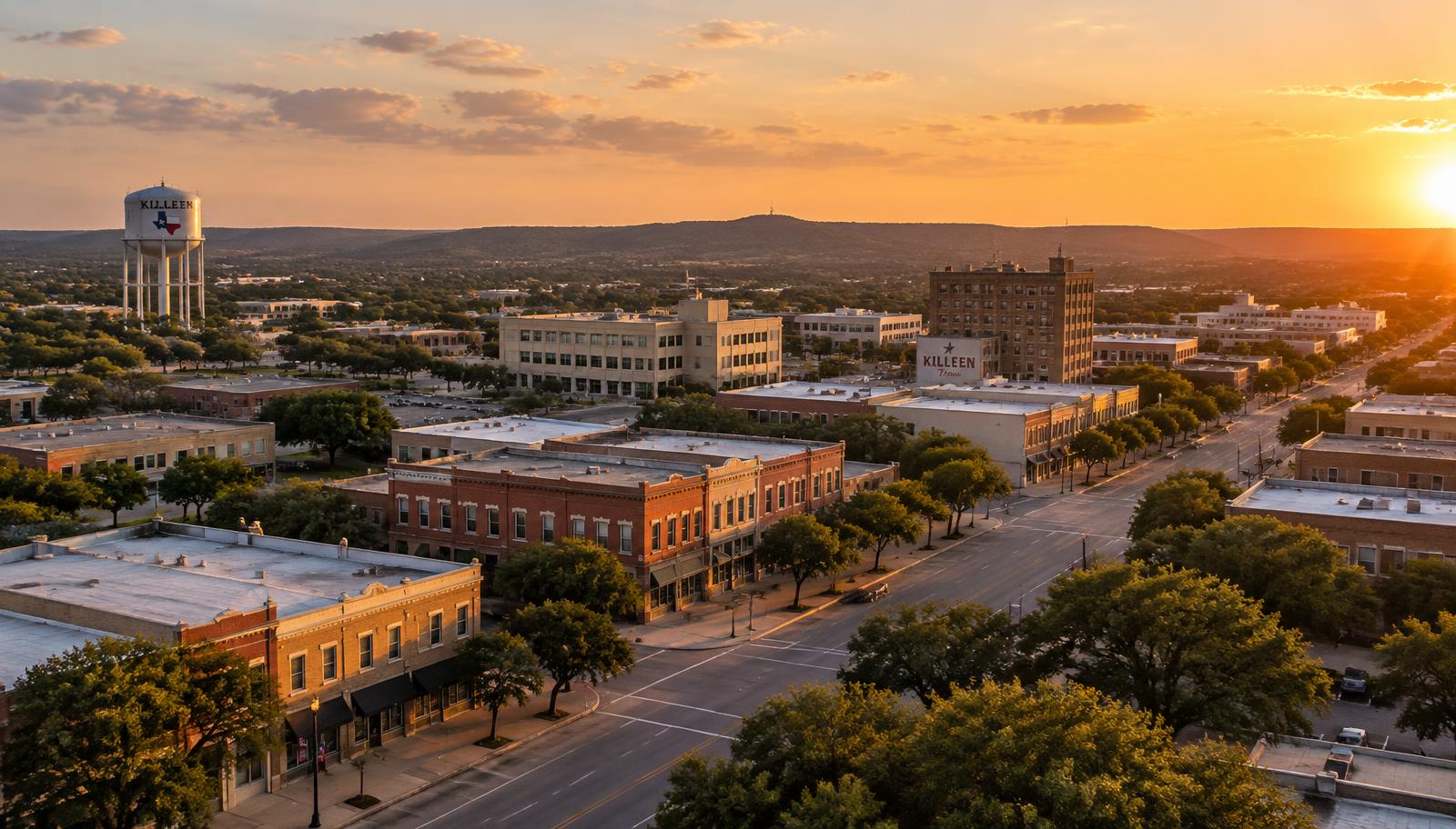 Killeen, Texas downtown at golden hour with its water tower and Central Texas hills - VA nexus letters for local veterans
