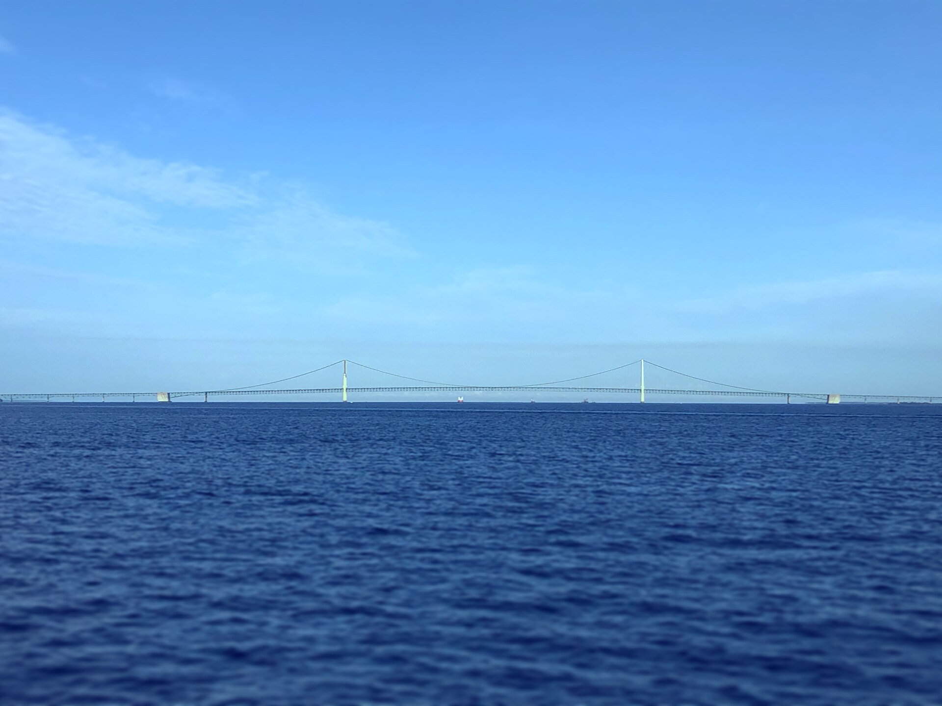 The Mackinac Bridge reaching across the Straits of Mackinac toward Lake Huron
