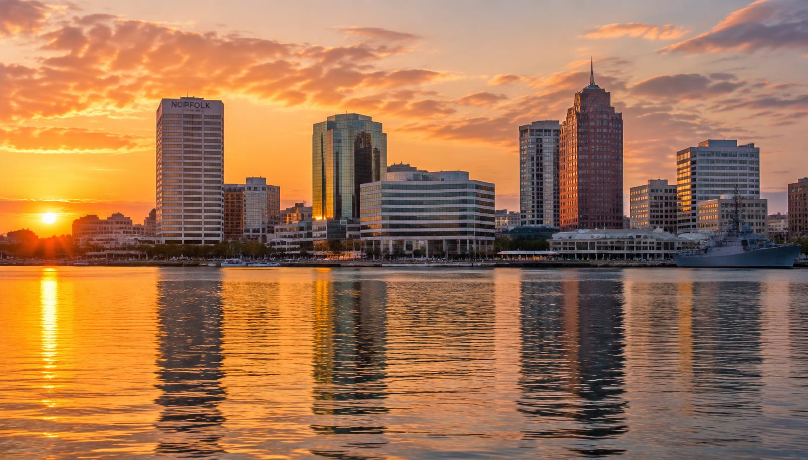 Norfolk, Virginia downtown skyline across the Elizabeth River at sunset - VA nexus letters for local veterans