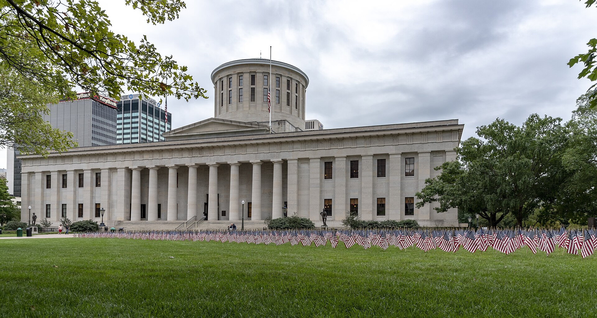 American flags across the lawn of the Ohio Statehouse in Columbus for a September 11 memorial