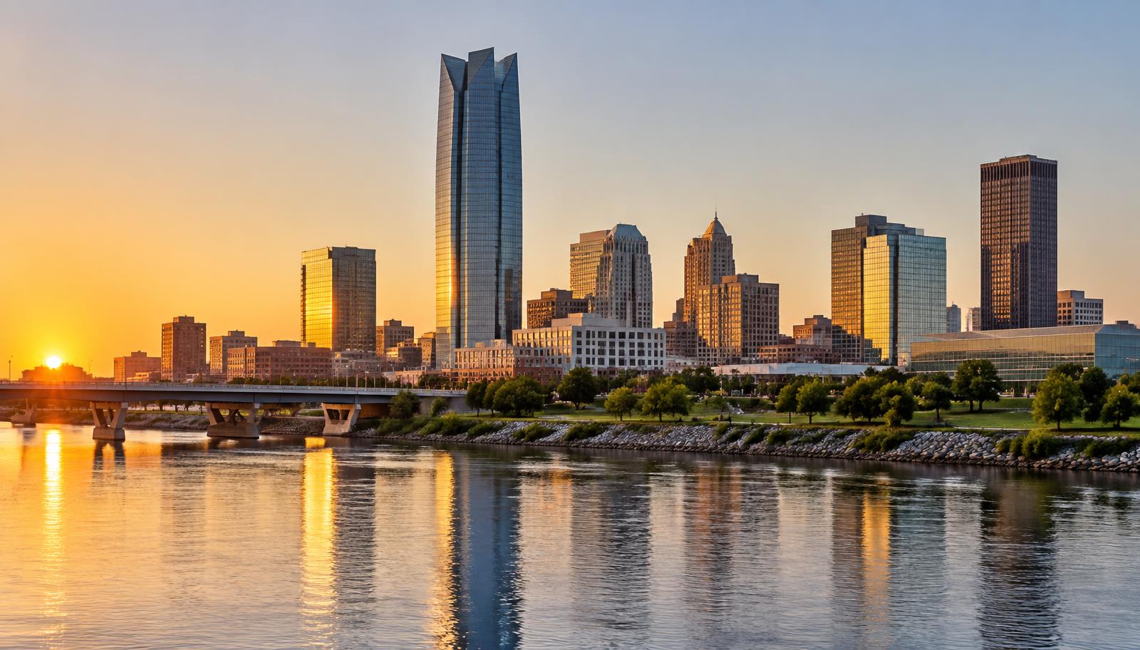 Oklahoma City, Oklahoma downtown skyline across the Oklahoma River at sunset - VA nexus letters for local veterans