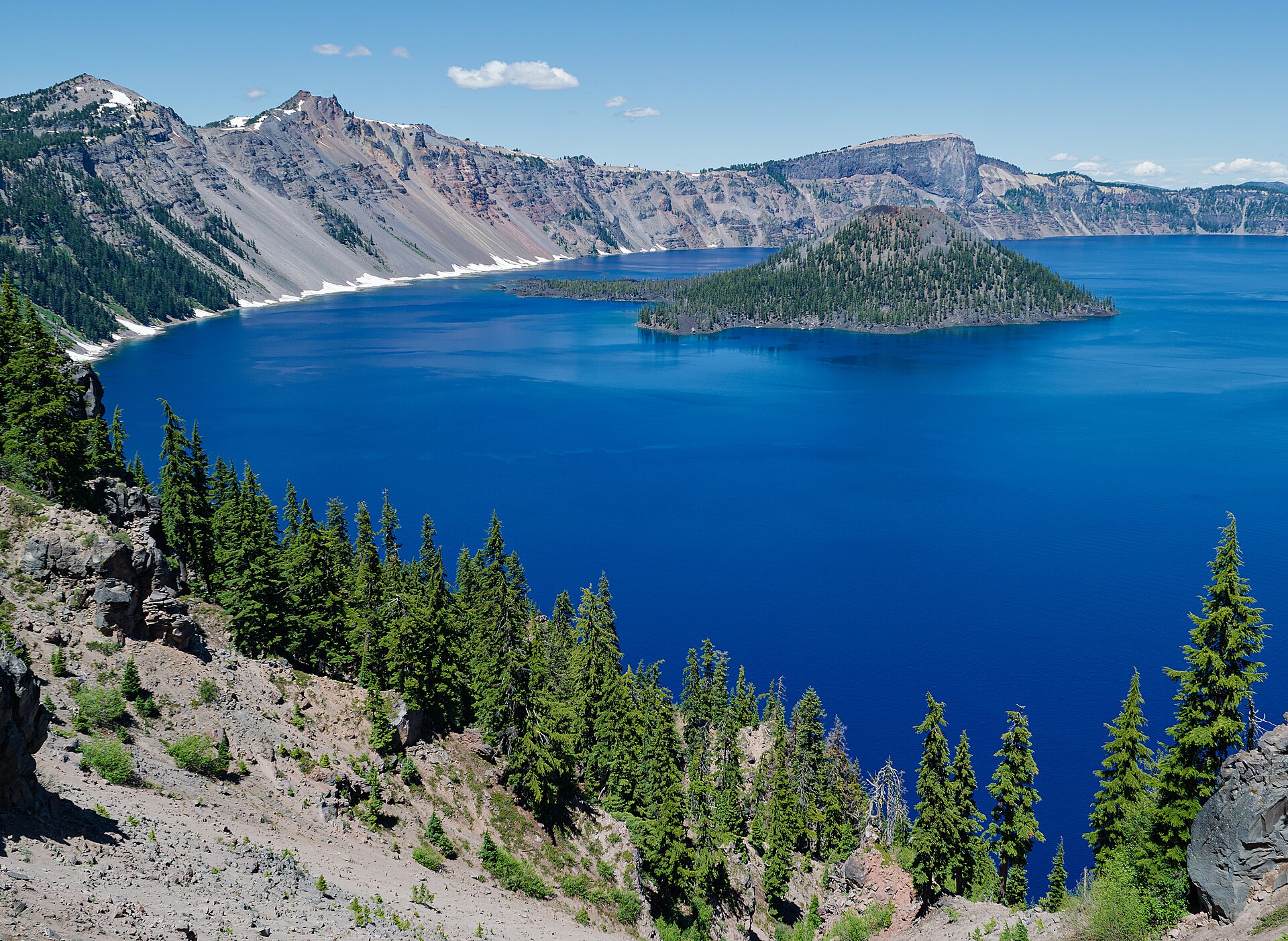 Crater Lake's deep blue water seen from the rim in the Oregon Cascades