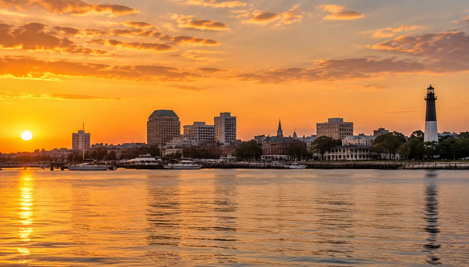 Pensacola, Florida downtown skyline across Pensacola Bay at sunset with the lighthouse - VA nexus letters for local veterans