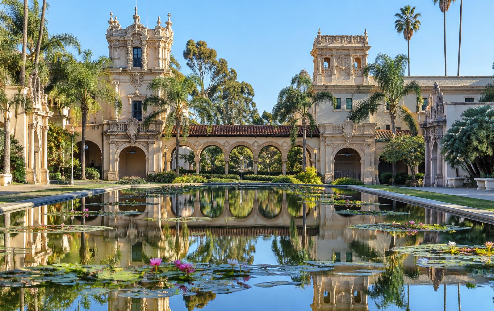 Balboa Park lily pond and Spanish colonial architecture in San Diego, California on a clear morning