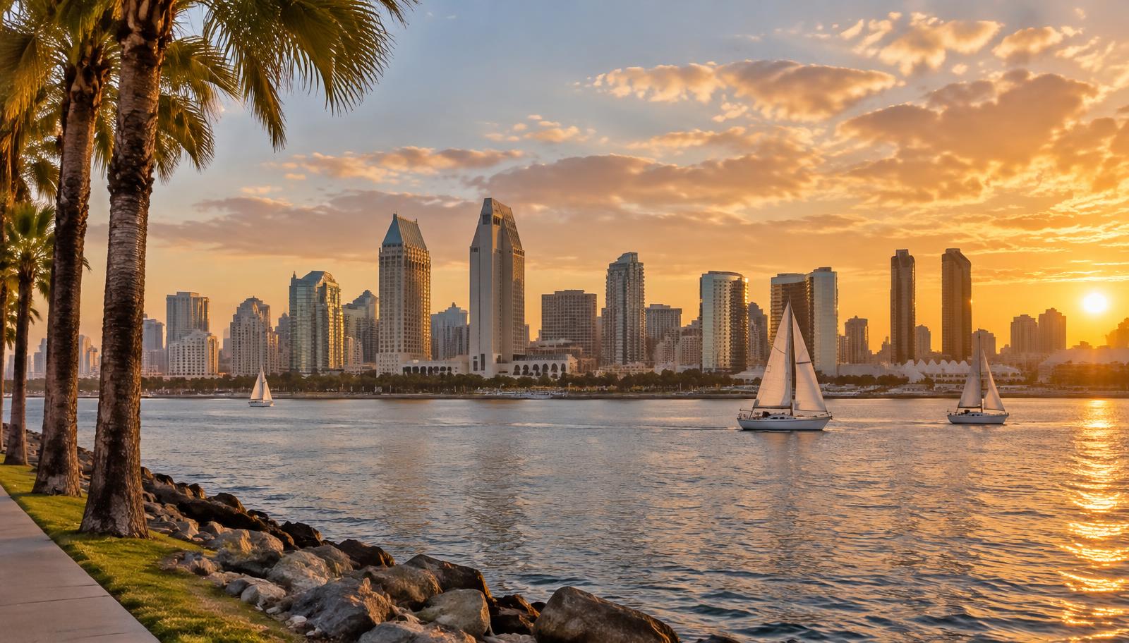 San Diego, California downtown skyline across San Diego Bay at sunset - VA nexus letters for local veterans