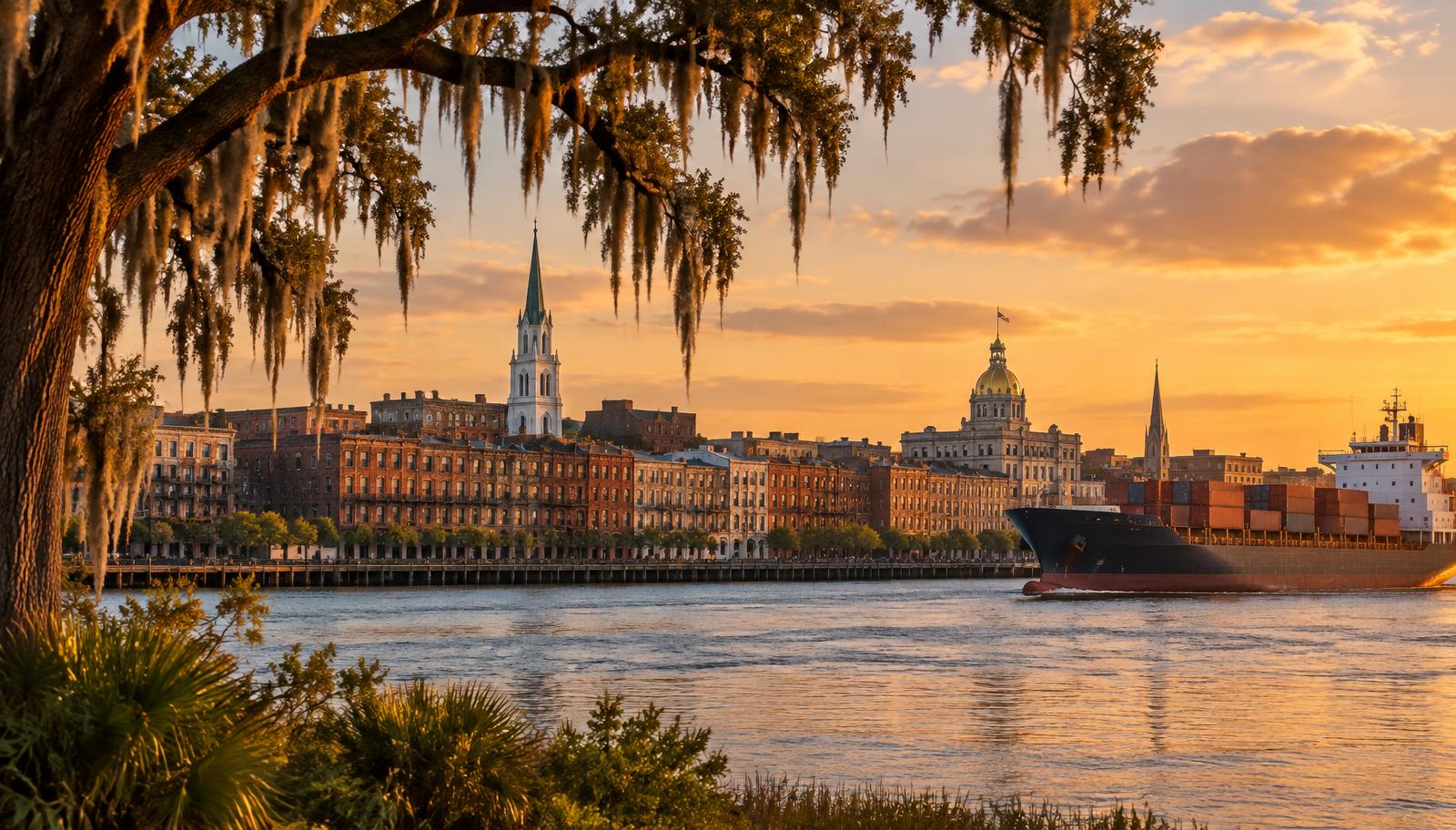 Savannah, Georgia historic riverfront skyline across the Savannah River at sunset - VA nexus letters for local veterans