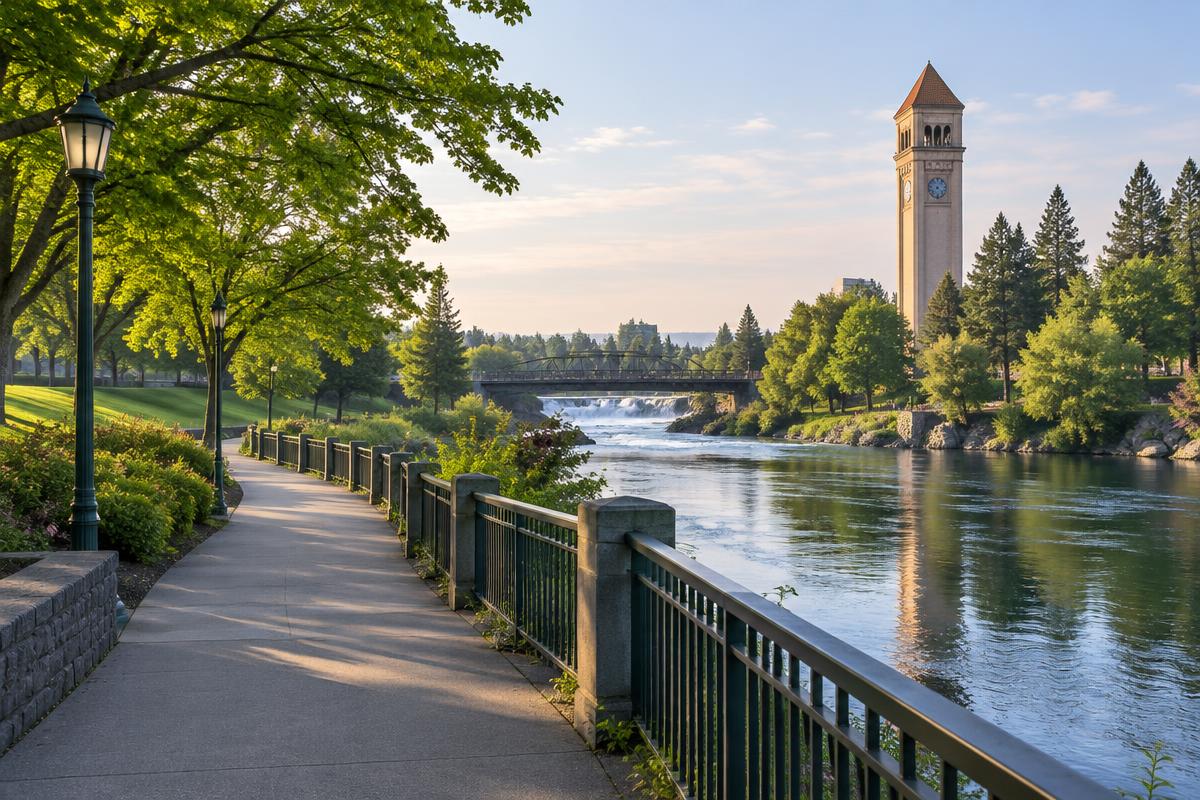 Riverfront Park walking path along the Spokane River in Spokane, Washington with the historic clock tower