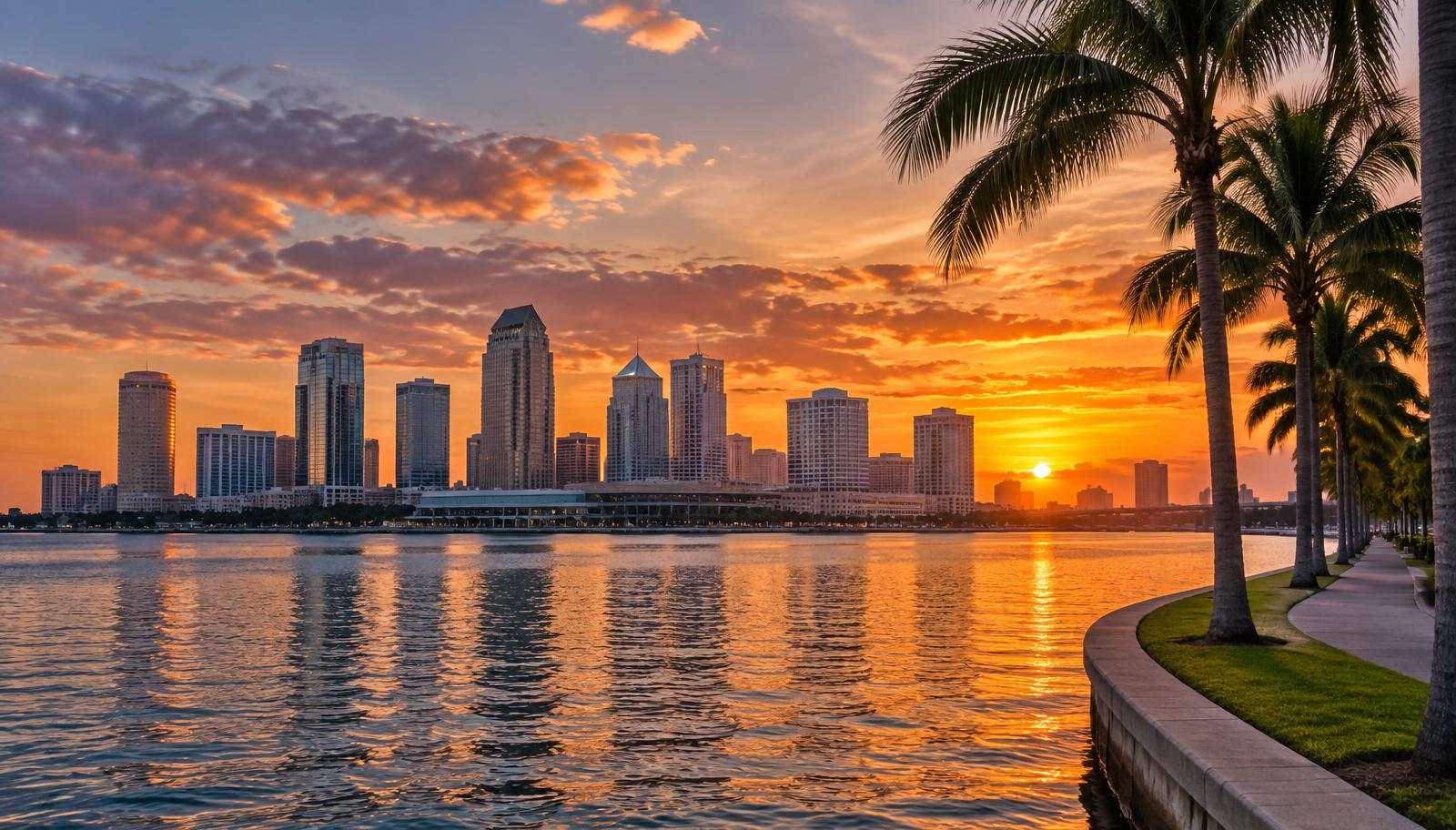 Tampa, Florida downtown skyline across Hillsborough Bay at sunset - VA nexus letters for local veterans