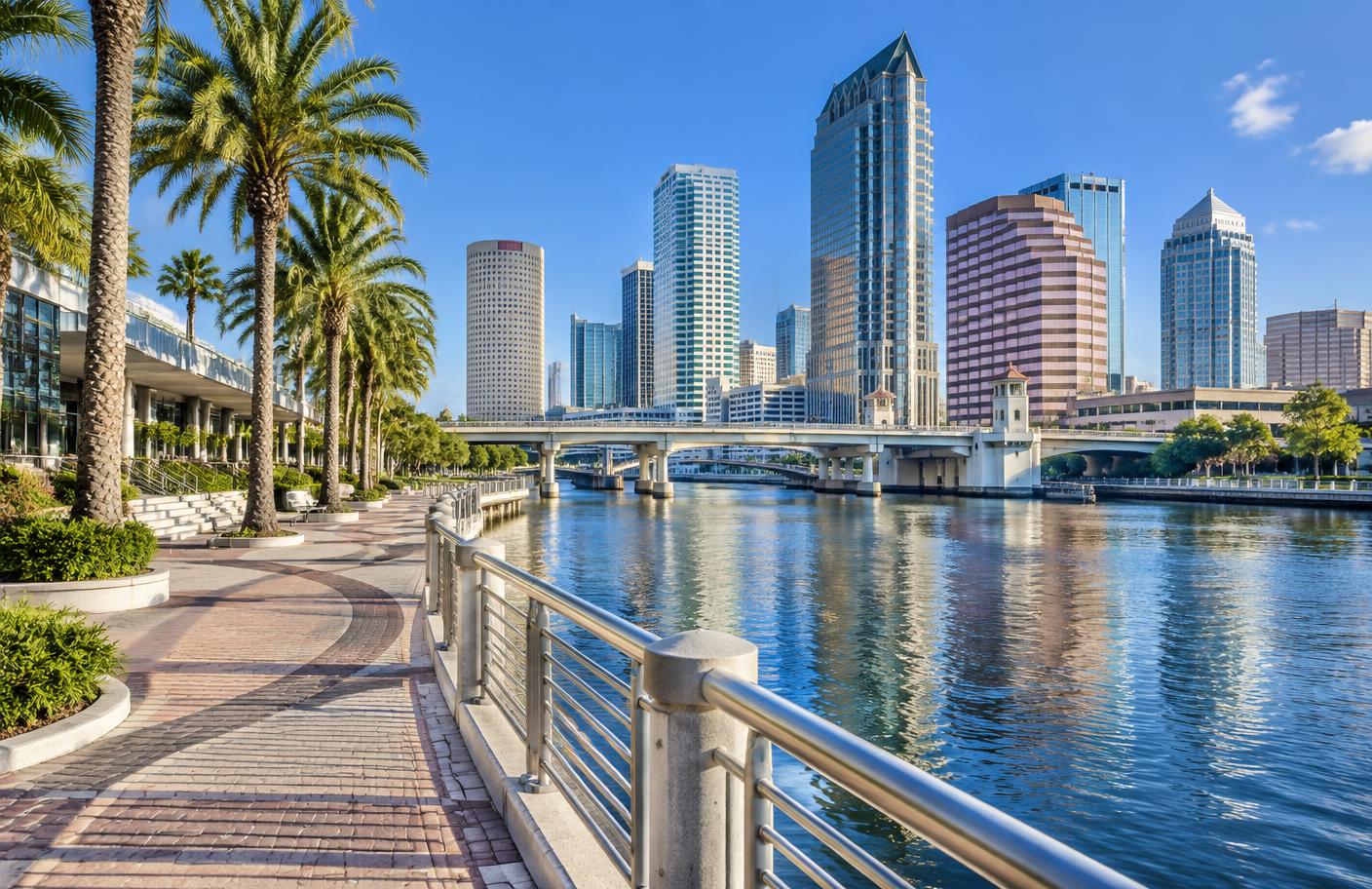 Tampa Riverwalk along the Hillsborough River in Tampa, Florida with the downtown skyline