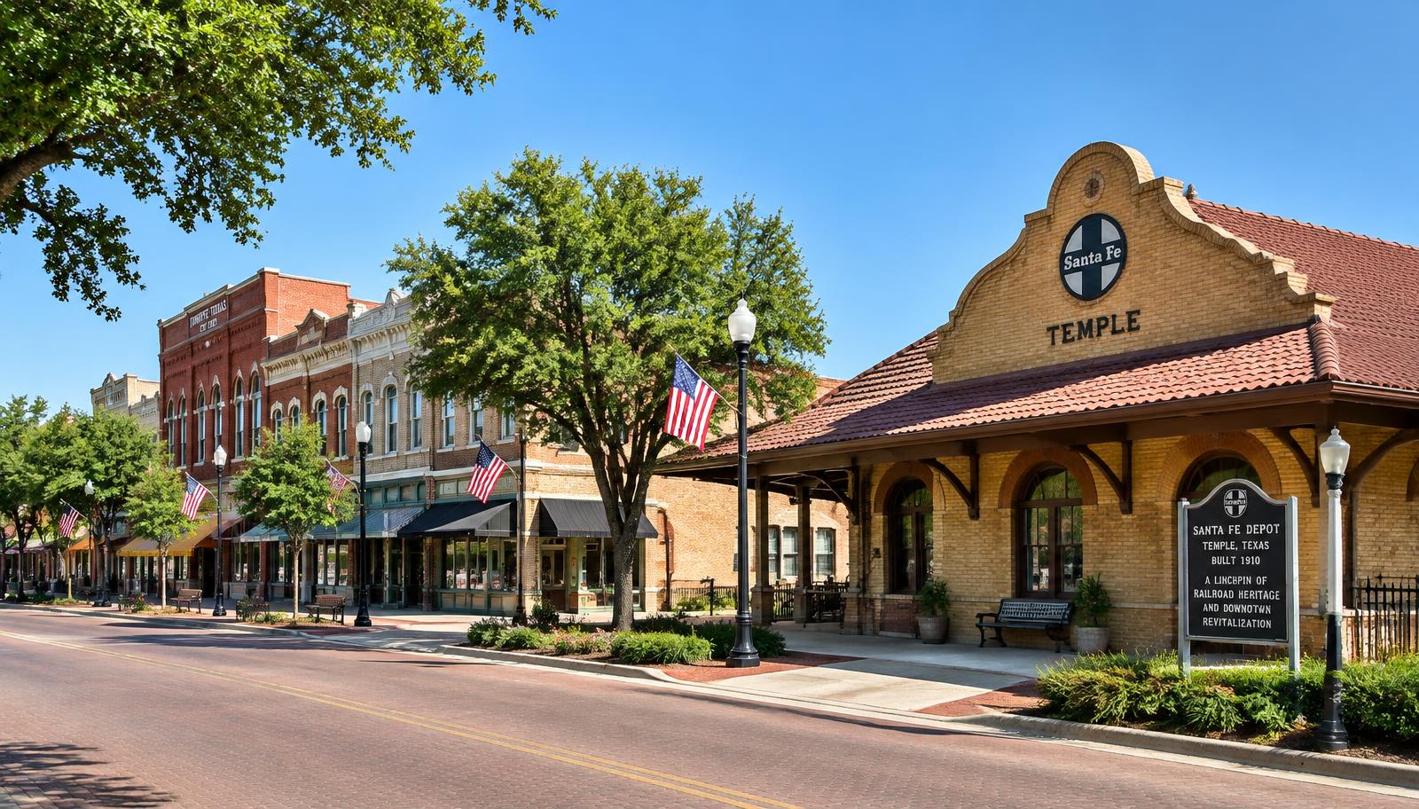 Historic Santa Fe Depot and downtown brick storefronts in Temple, Texas on a bright morning