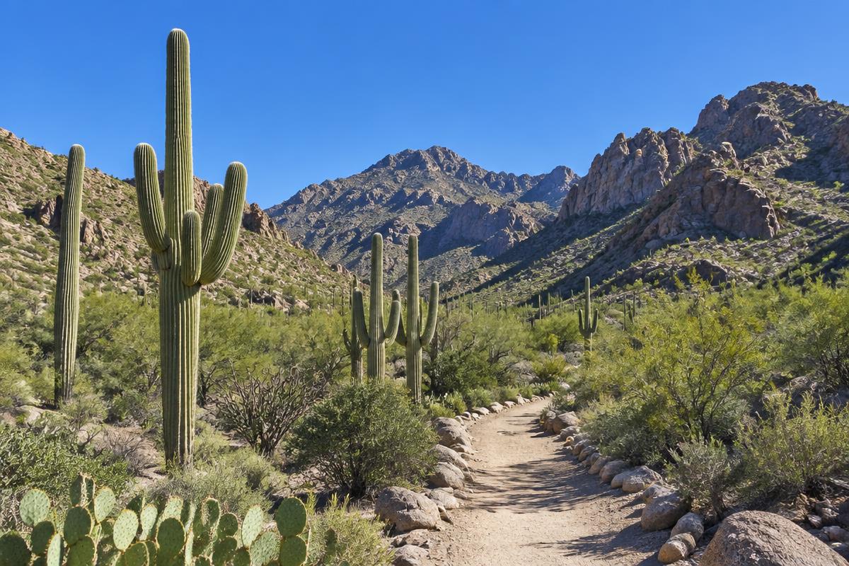 Sabino Canyon desert trail lined with saguaro cactus in Tucson, Arizona under a clear blue sky
