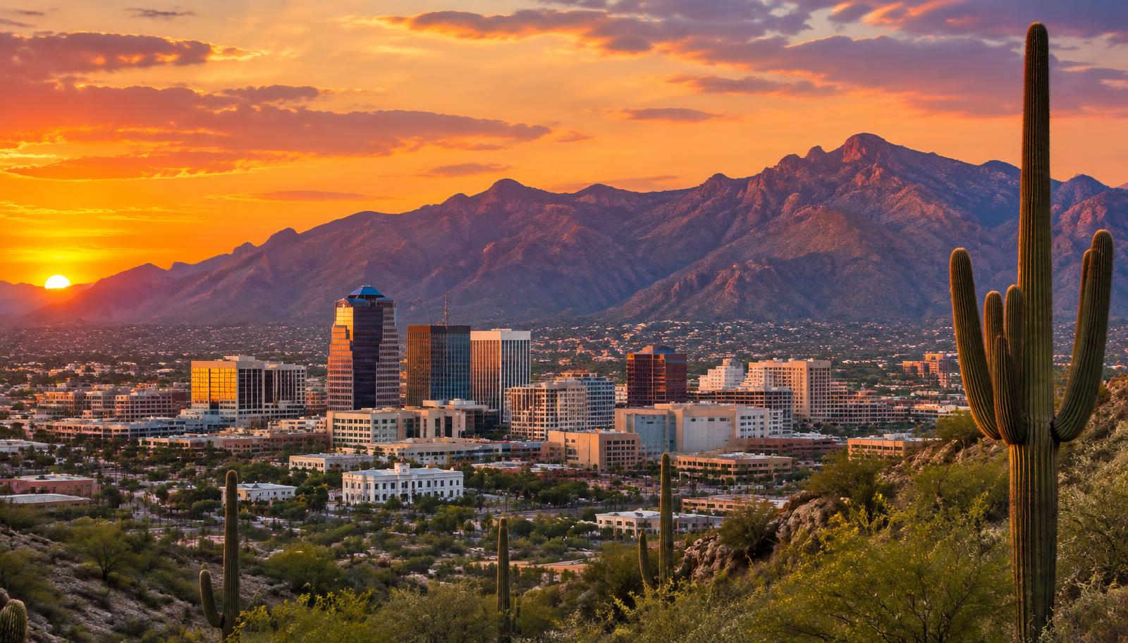 Tucson, Arizona downtown skyline with the Santa Catalina Mountains and saguaro cactus at sunset - VA nexus letters for local veterans