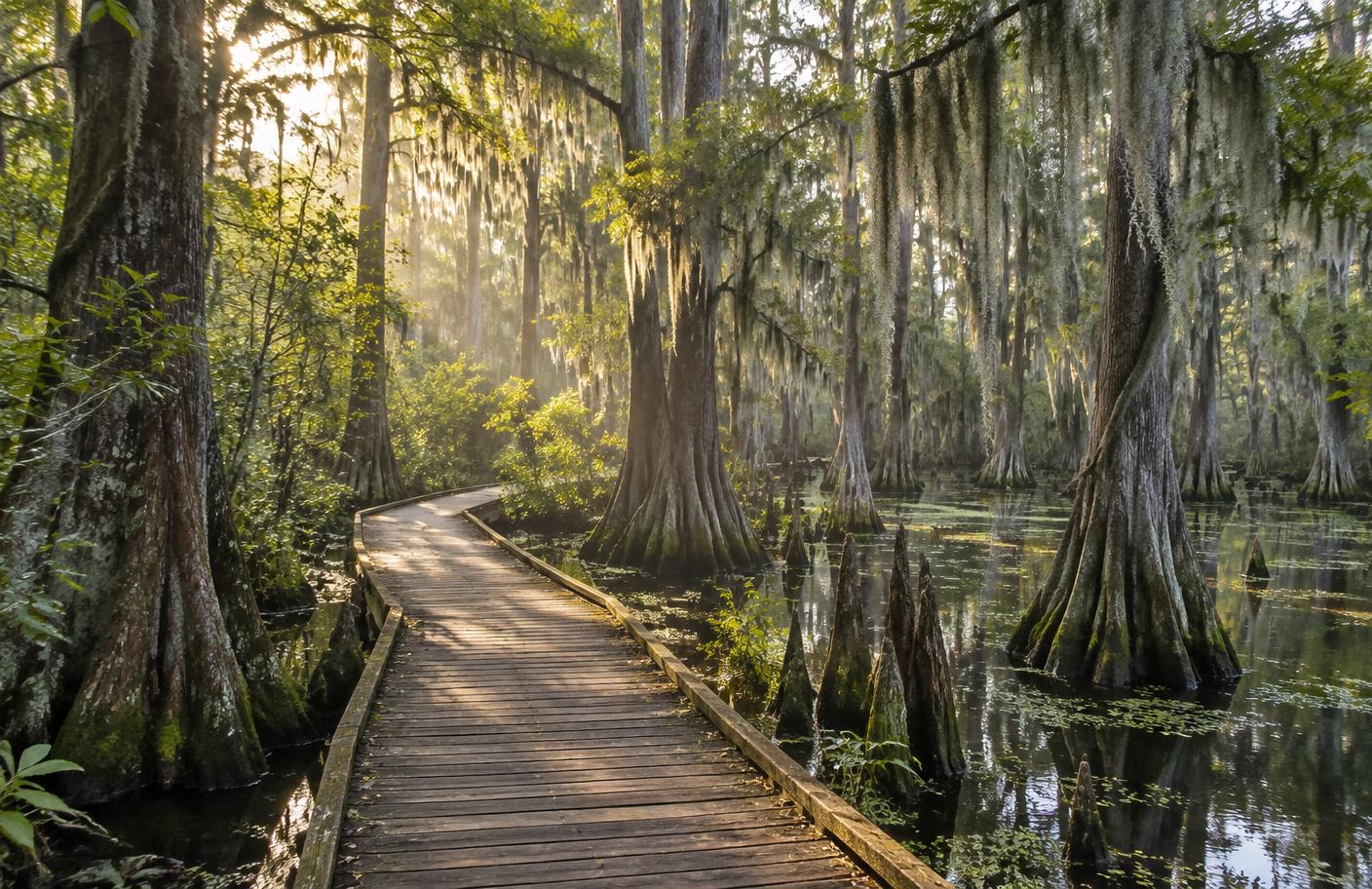 Cypress swamp boardwalk trail at First Landing State Park in Virginia Beach, Virginia